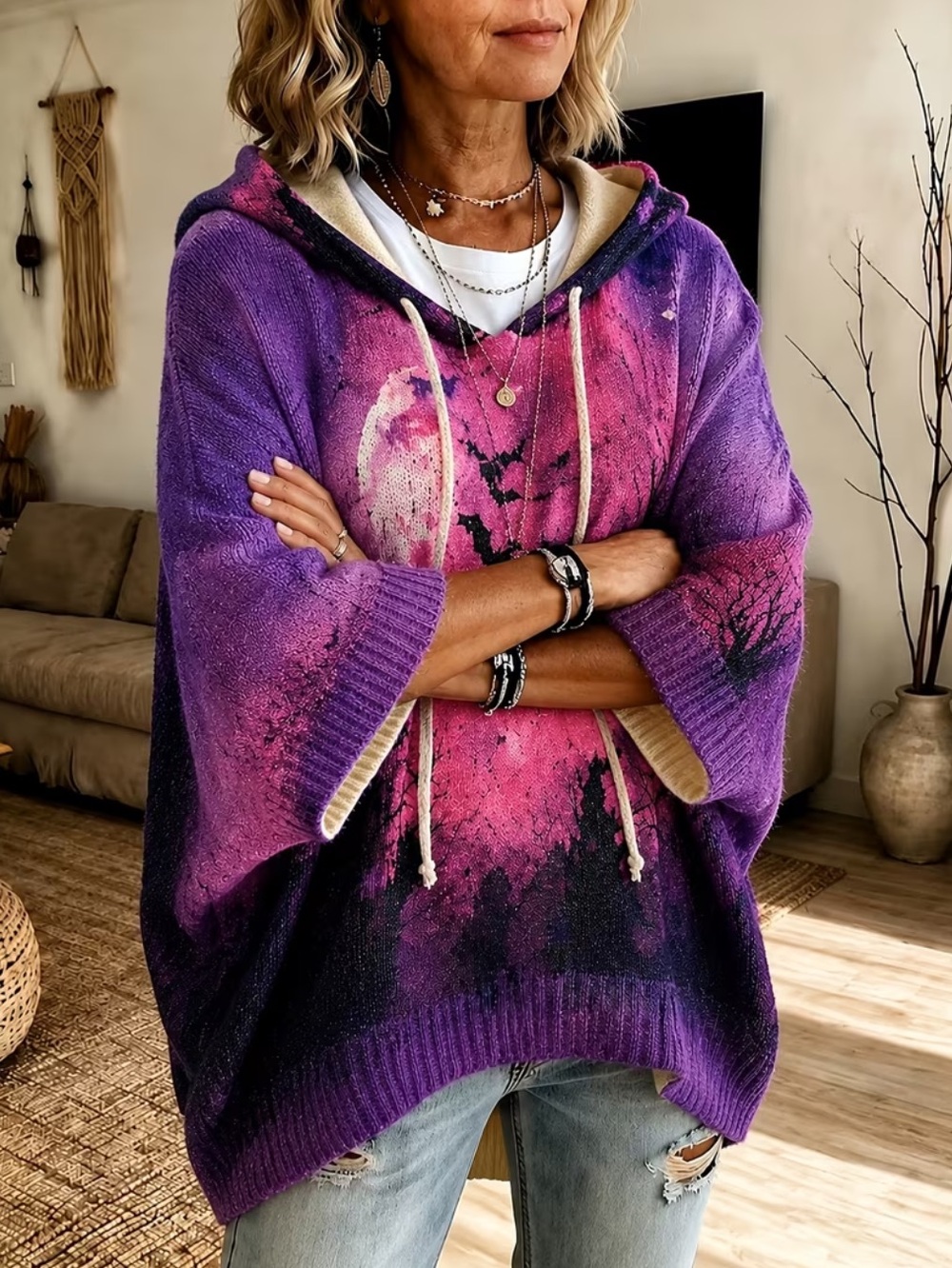 (A9) Gradient Bats & Moon Print Sweater - Picture 3 of 3